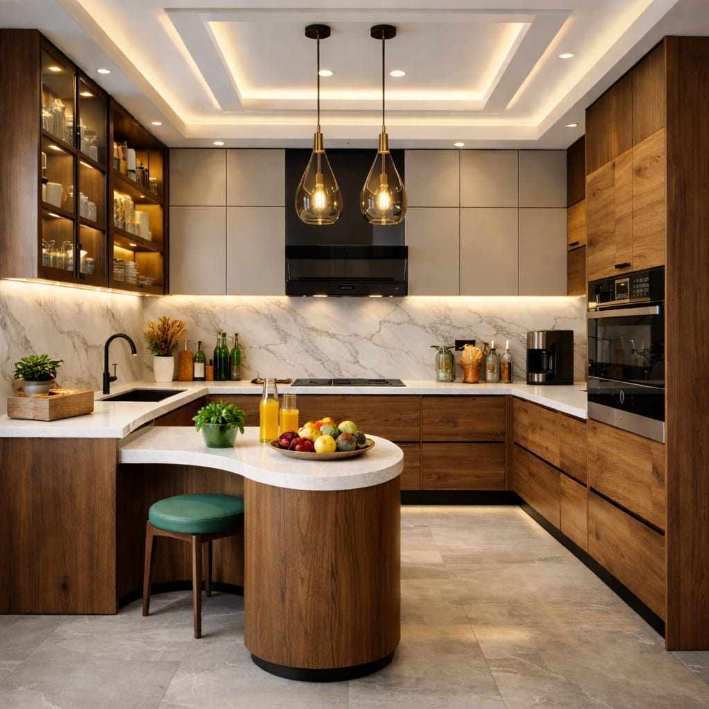 Modern kitchen with wooden cabinets, curved island, marble countertop, pendant lights, LED lighting, and built-in appliances.