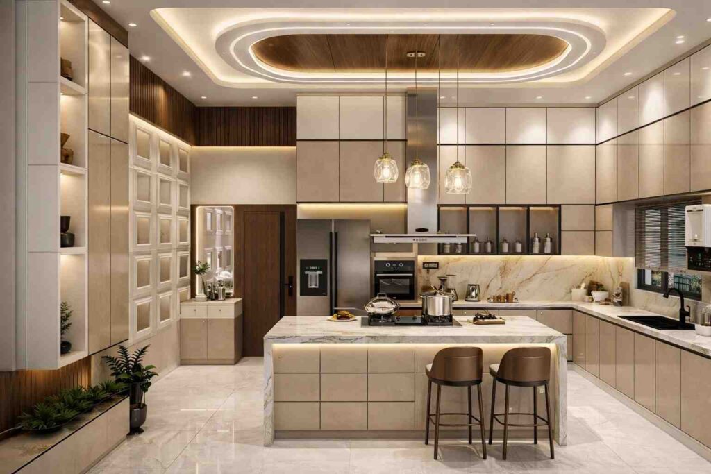 Luxury modern kitchen with beige cabinets, marble island, designer ceiling, pendant lights, LED lighting, and built-in appliances.