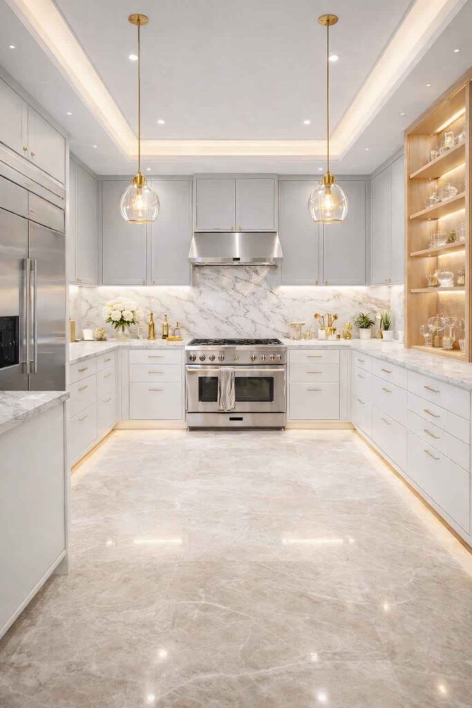Elegant white kitchen with marble backsplash, grey cabinets, gold pendant lights, LED lighting, and modern appliances.