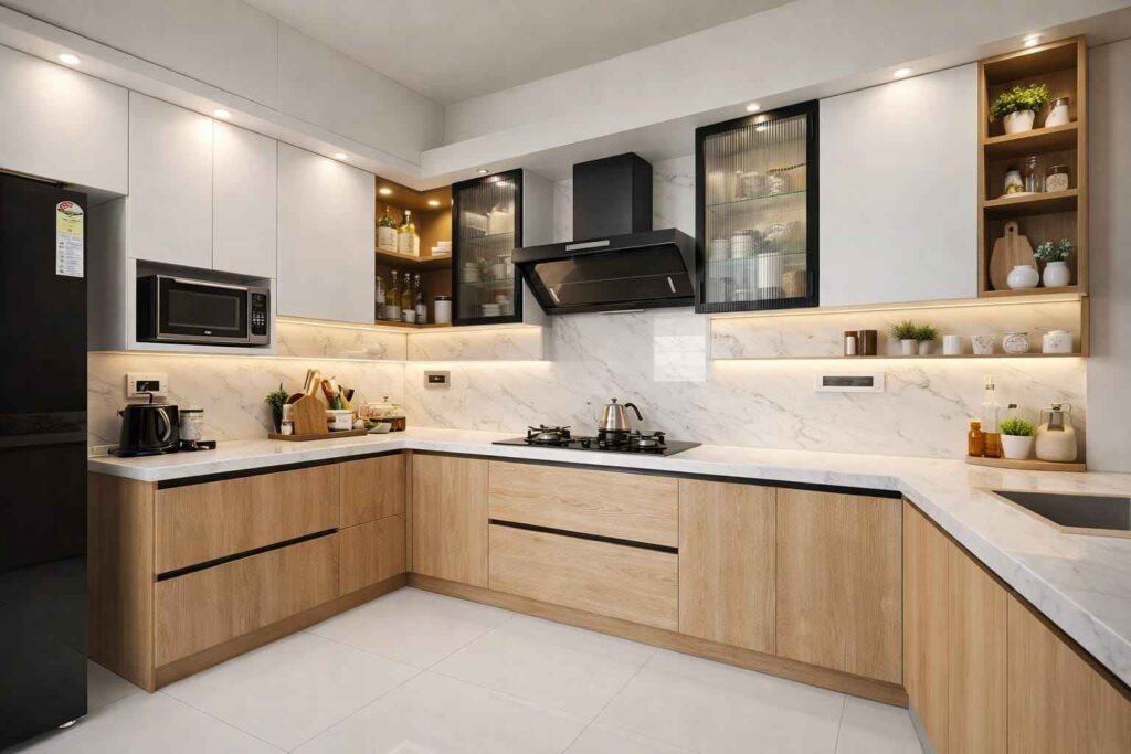 Modern compact kitchen with wooden cabinets, marble backsplash, LED lighting, glass cabinets, and built-in appliances.