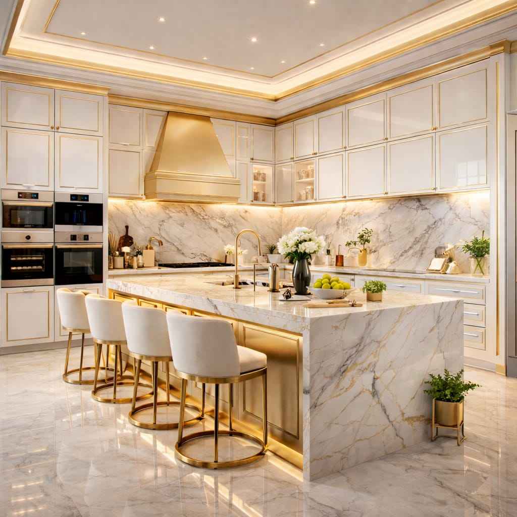 Ultra luxury kitchen with white cabinets, gold accents, marble island, LED lighting, bar stools, and premium appliances.
