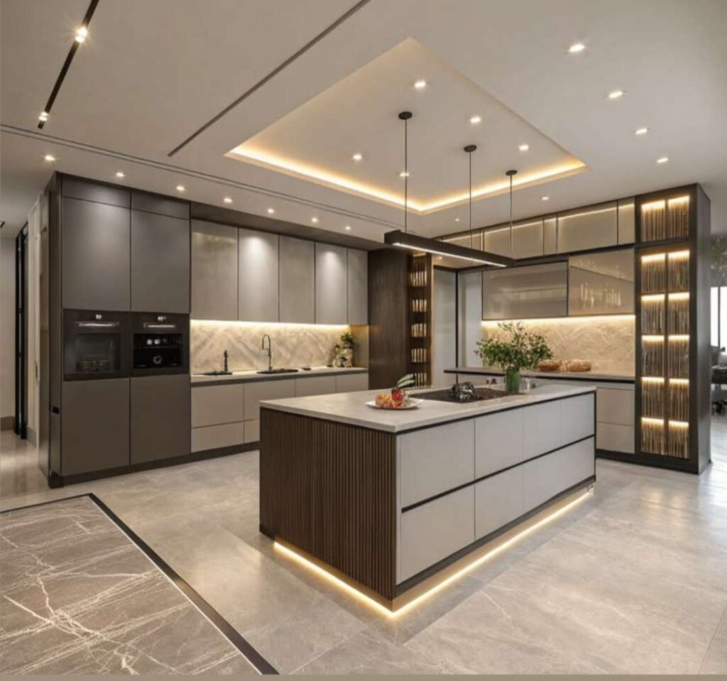Modern kitchen with minimalist island, LED lighting, matte cabinets, marble backsplash, built-in appliances, and contemporary design.