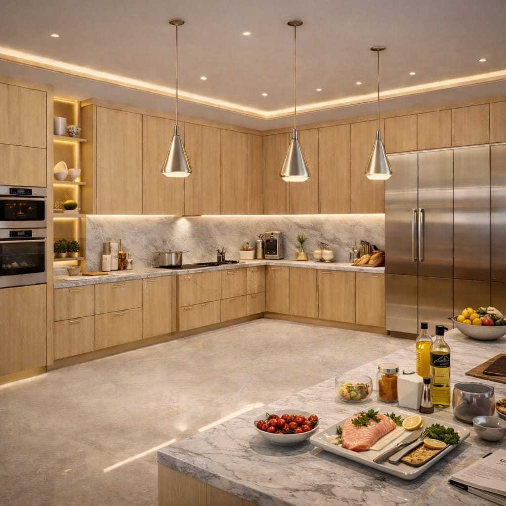 Modern luxury kitchen with wooden cabinets, marble countertops, pendant lights, stainless steel refrigerator, and warm ambient LED lighting.