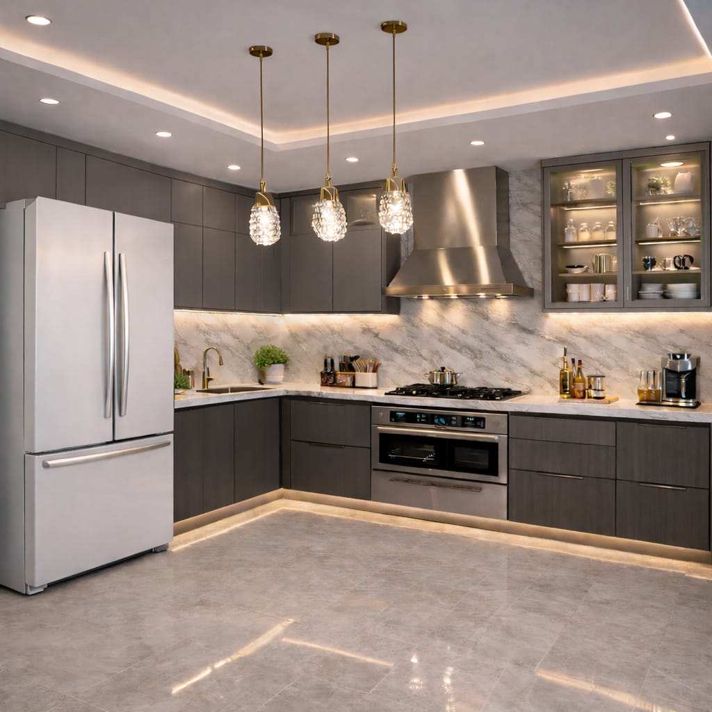 Modern dark kitchen with grey cabinets, marble backsplash, pendant lights, LED strip lighting, stainless steel appliances, and glossy flooring.