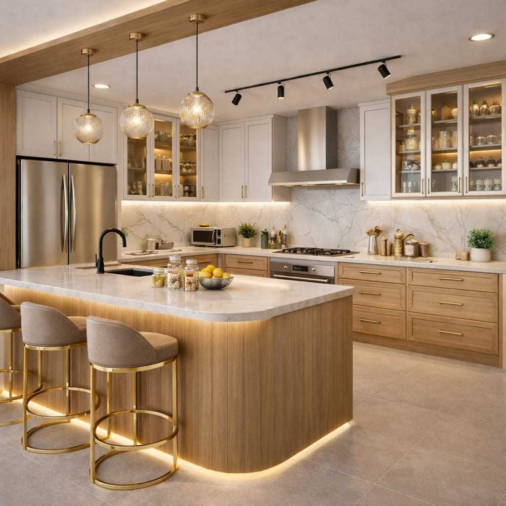 Modern luxury kitchen with wooden cabinets, marble island, pendant lights, glass cabinets, LED lighting, and stainless steel appliances.