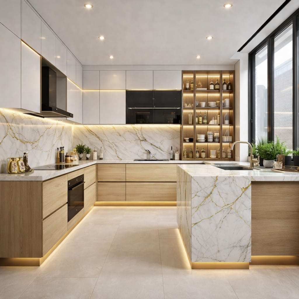 Modern minimalist kitchen with wooden cabinets, white upper cabinets, marble backsplash, LED lighting, open shelves, and large window.
