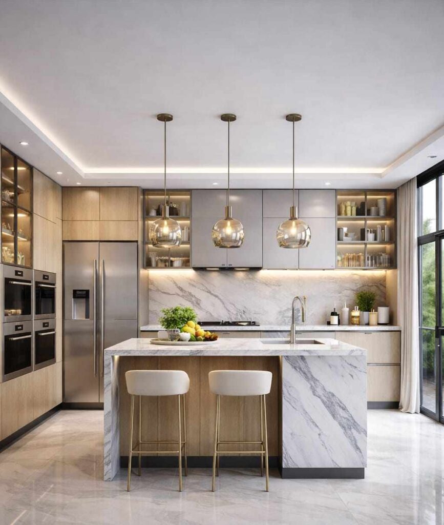 Modern kitchen with marble island, wooden cabinets, pendant lights, built-in appliances, large window, and warm ambient lighting.
