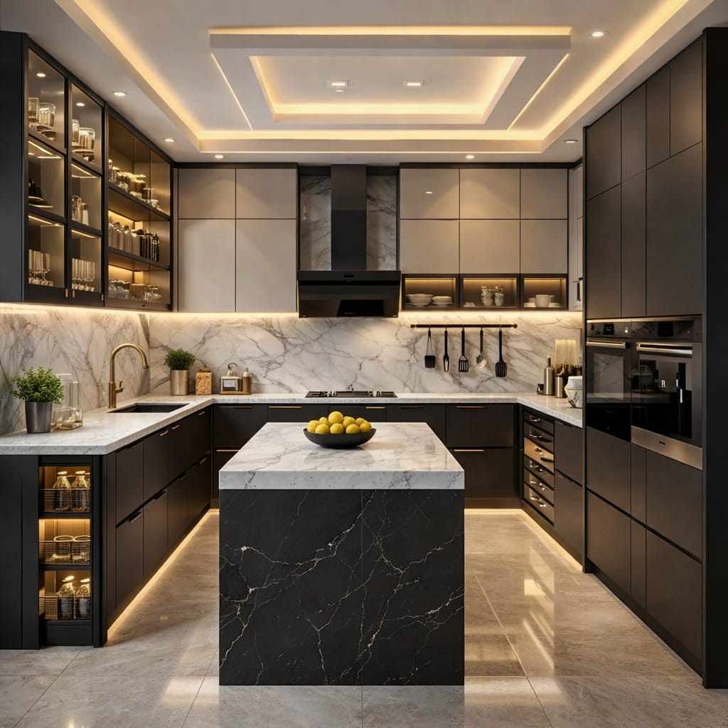 Luxury modern kitchen with black cabinets, marble island, LED lighting, built-in appliances, glass shelves, and elegant ceiling design.