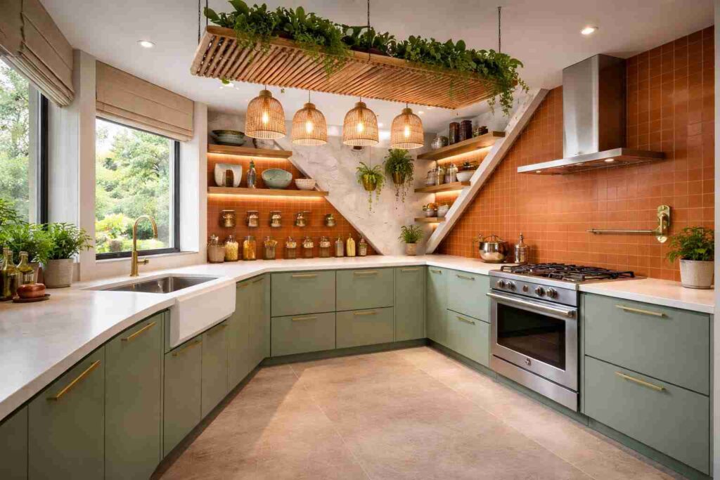 Modern rustic kitchen with green cabinets, orange tile backsplash, wooden hanging planter, pendant lights, open shelves, and natural lighting from a large window.