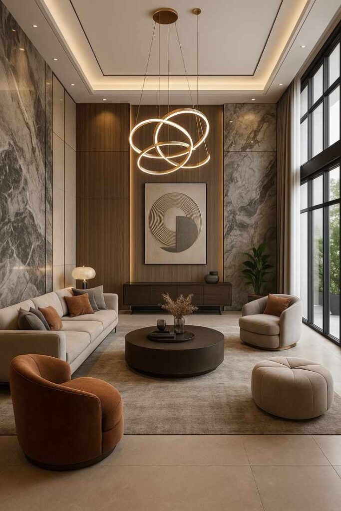 Modern luxury living room with LED ring chandelier, marble accent walls, wooden panel design, neutral sofa set, and stylish round coffee table.