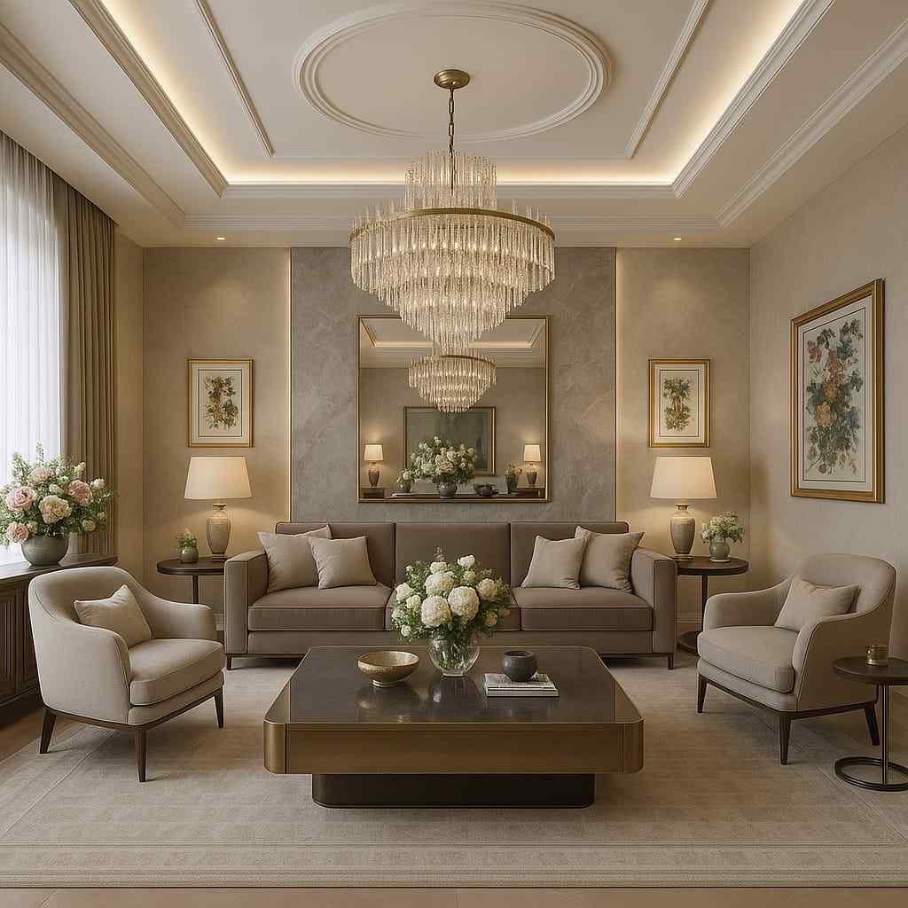 Elegant modern classic living room with crystal chandelier, neutral colour sofa set, wall mirror, decorative lamps, and premium coffee table design.