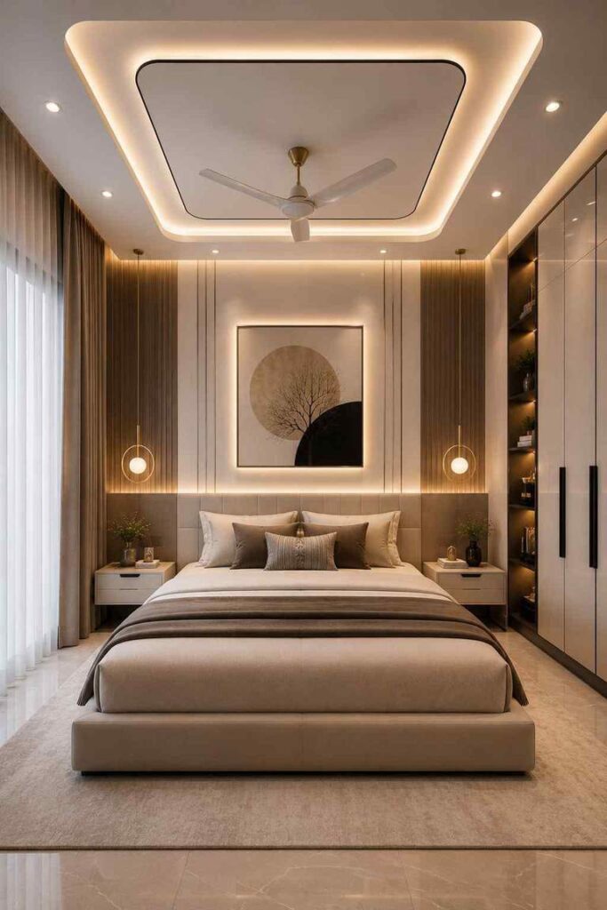 Luxury bedroom design with elegant bed wall, modern false ceiling, upholstered bed, warm LED lights, pendant lighting, and built-in wardrobe.