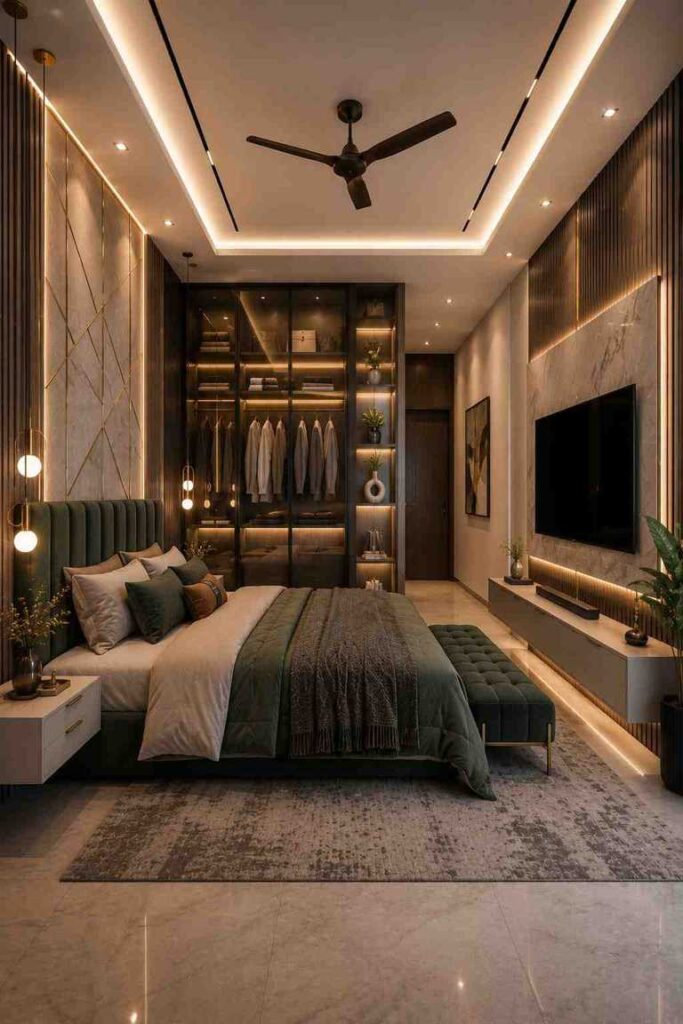 Alt Text:
Luxury bedroom interior design with an upholstered bed, wooden wall panels, warm LED lighting, modern TV wall, and built-in wardrobe.