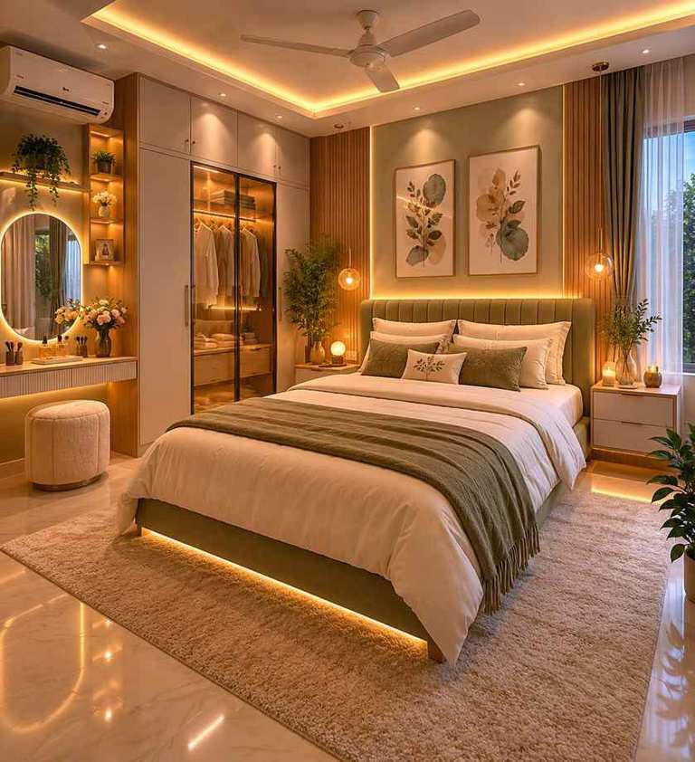 Luxury master bedroom interior design with upholstered bed, wooden wall panels, built-in wardrobe, warm LED lighting, and elegant decor.