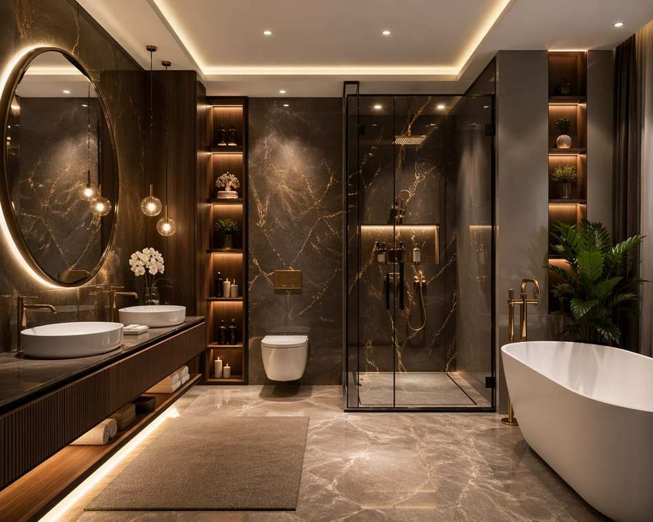 Modern dark luxury bathroom interior with freestanding bathtub, glass shower enclosure, marble walls, wooden vanity, ambient LED lighting, and elegant contemporary décor.