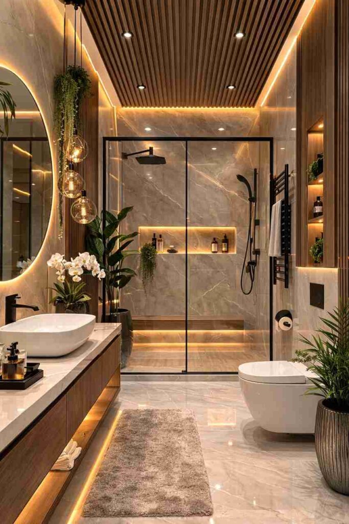 Modern spa-style luxury bathroom interior with marble walls, wooden ceiling design, glass shower enclosure, floating vanity, warm LED lighting, indoor plants, and elegant contemporary decor.
