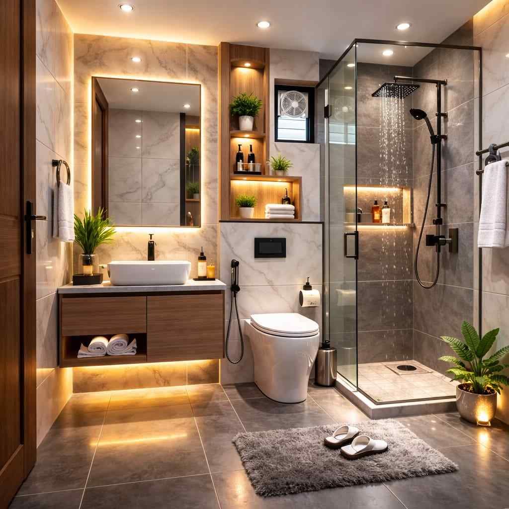 Modern luxury bathroom interior with glass shower cabin, warm LED lighting, wooden vanity, marble wall tiles, and stylish contemporary decor.