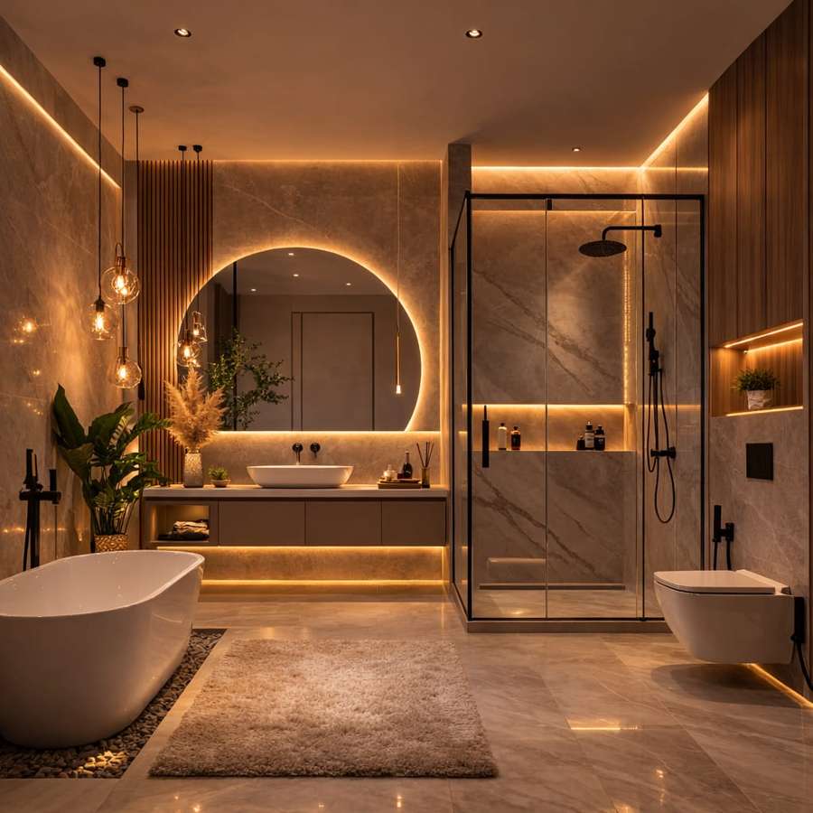 Modern luxury spa-style bathroom with LED round mirror, freestanding bathtub, glass shower cabin, warm ambient lighting, marble walls, and wooden panel accents.