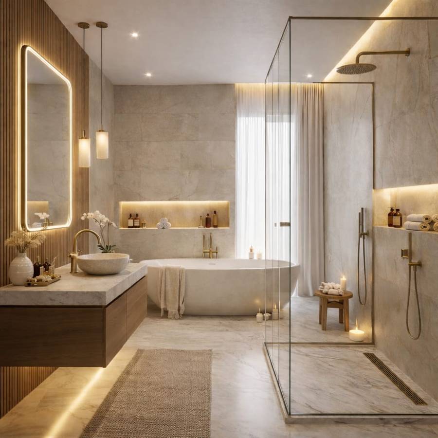 Modern luxury marble bathroom interior with freestanding bathtub, glass shower enclosure, wooden vanity, LED mirror lighting, and warm spa-style decor.
