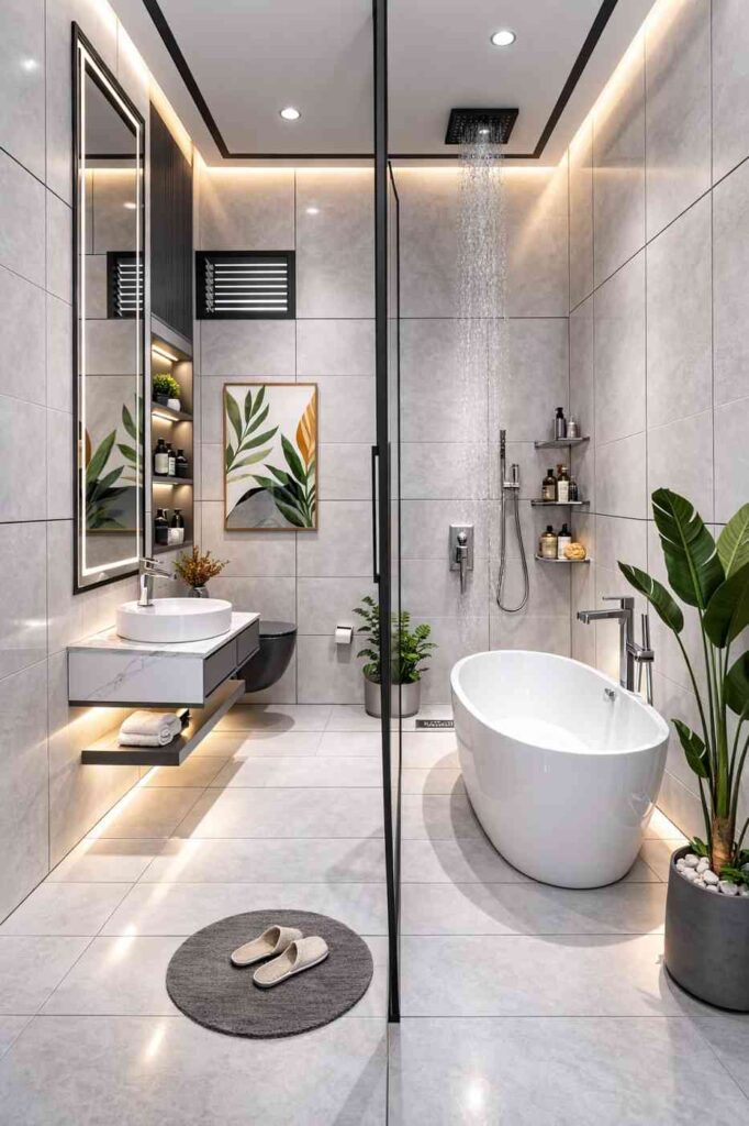 Modern luxury bathroom interior with freestanding bathtub, glass shower enclosure, floating vanity sink, ambient LED lighting, neutral wall tiles, and elegant contemporary decor.