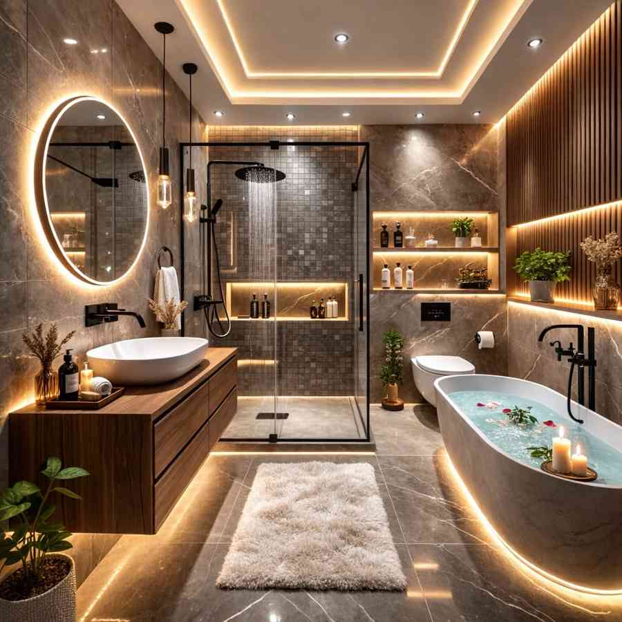 Modern luxury spa bathroom interior with marble walls, frameless glass shower, floating wooden vanity, freestanding bathtub, warm LED lighting, and elegant contemporary decor.
