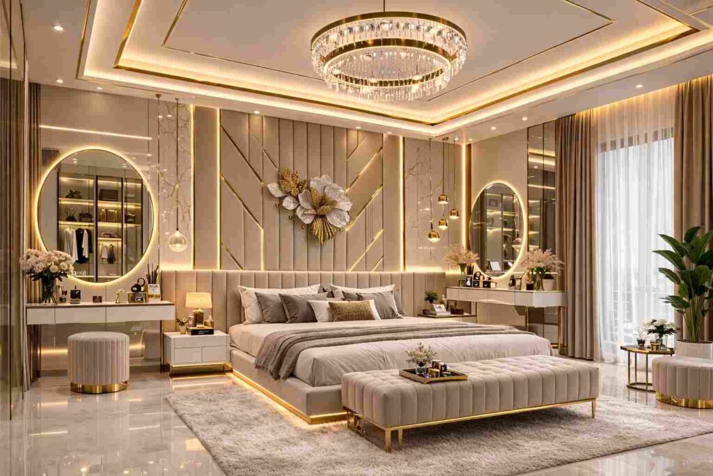 Luxury bedroom interior design with gold accents, elegant chandelier ceiling, upholstered bed, modern vanity mirrors, ambient LED lighting, and premium contemporary decor.