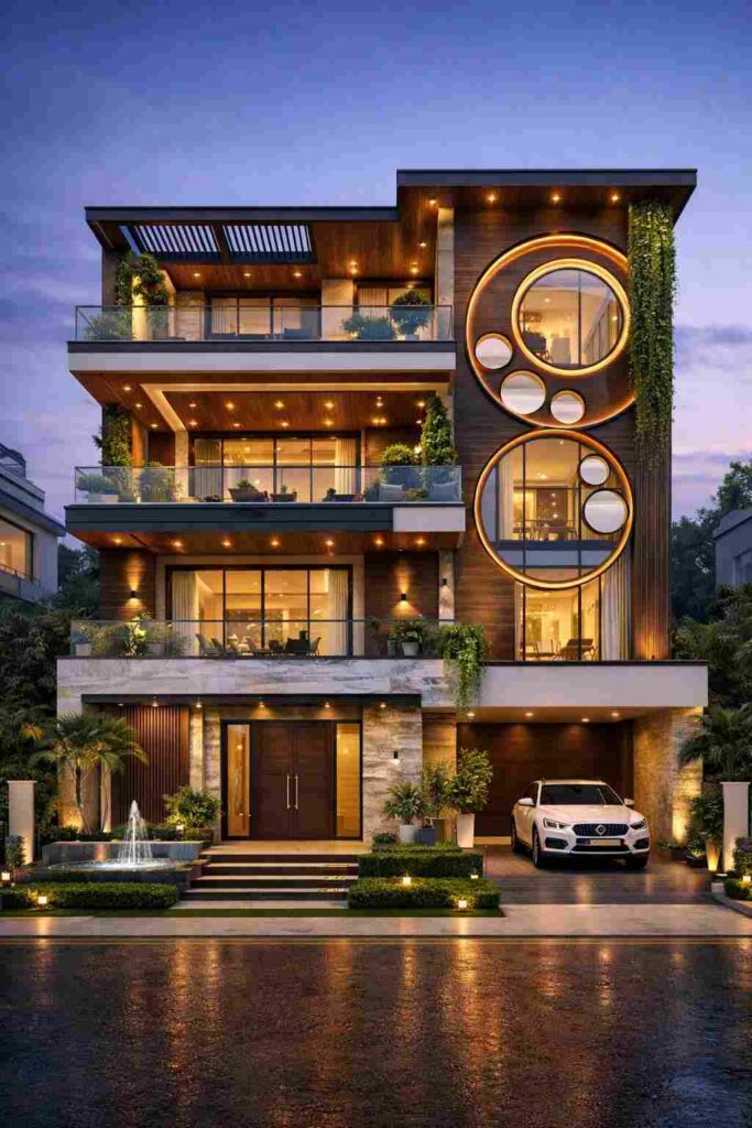 Modern luxury house with circular glass windows, wooden and stone exterior, warm lighting, glass balconies, garden area, and car parking space.