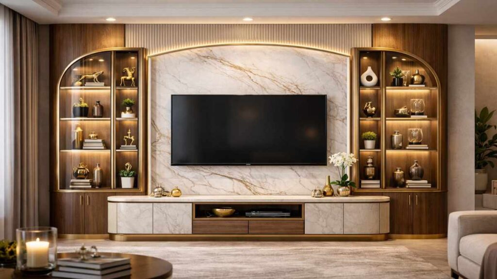 Luxury marble TV wall unit with illuminated wooden display cabinets, warm LED lighting, floating console, and elegant modern living room interior design.