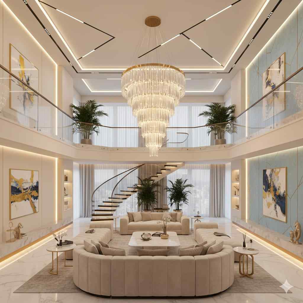 luxury living room design, double height living room, grand chandelier design, modern villa interior, premium home interior
