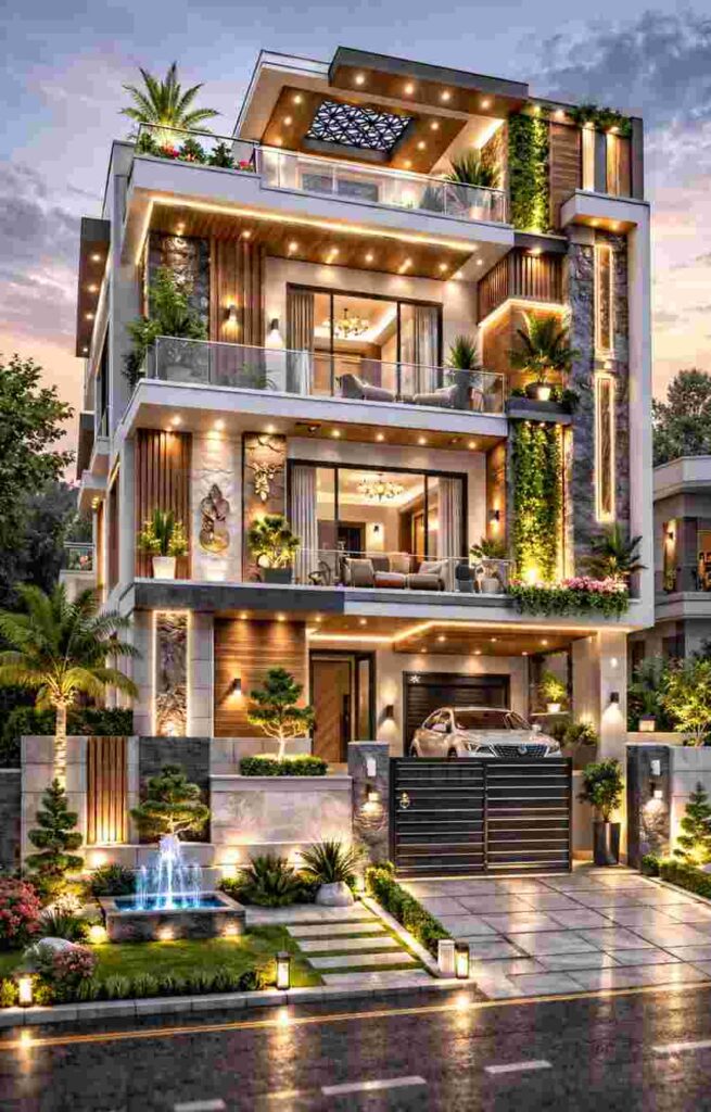 Modern ultra luxury triple-floor house exterior with LED lighting, glass balconies, stone texture walls, landscaped garden, stylish gate, and contemporary villa design.