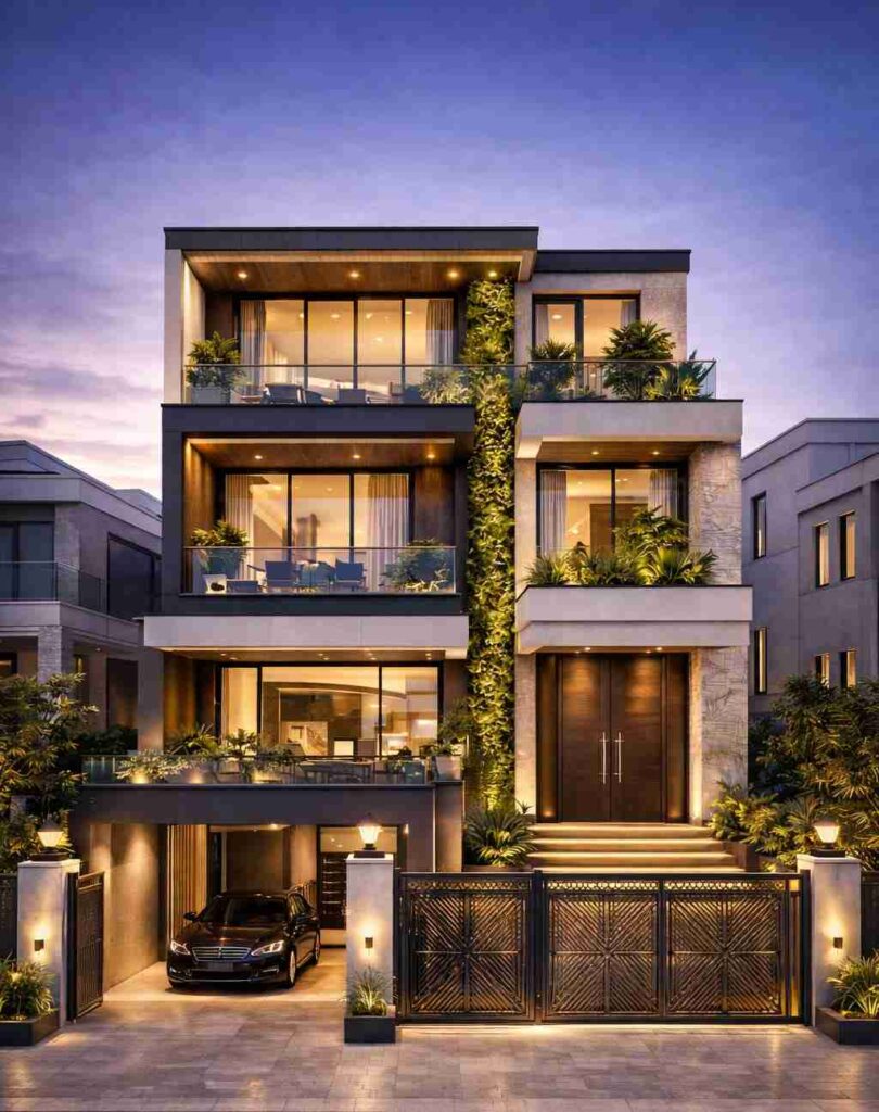 Modern three-story luxury house with glass balconies, vertical green wall, warm lighting, stone and wood exterior, gated entrance, and car parking area.