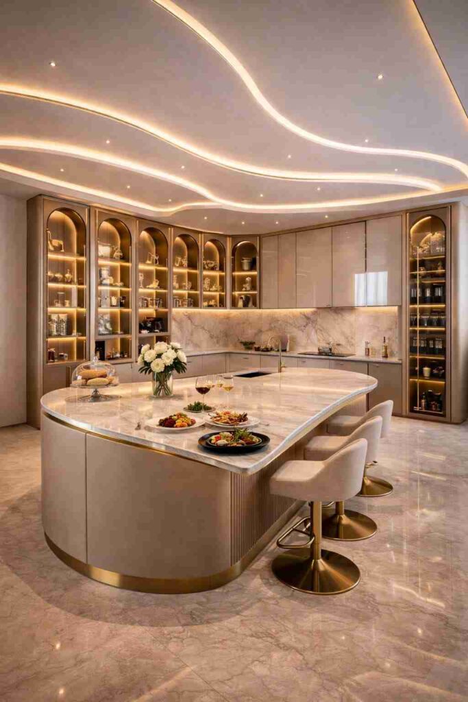 Modern ultra luxury kitchen interior with marble island, LED ceiling lighting, elegant display cabinets, glossy flooring, stylish bar stools, and contemporary premium decor.