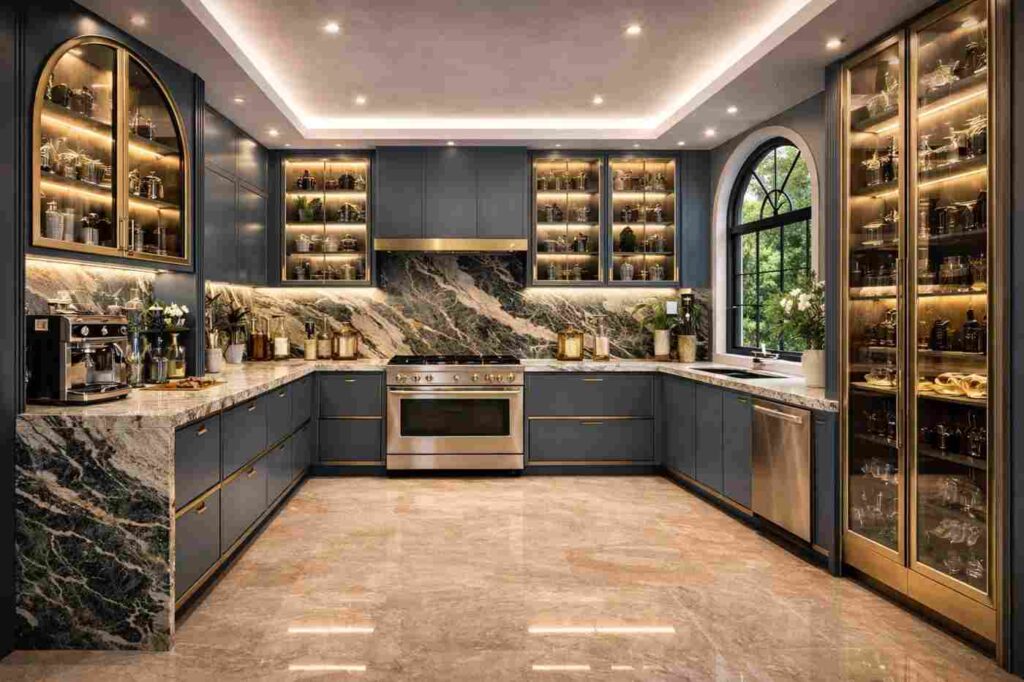Modern luxury kitchen interior with marble wall design, dark blue cabinets, warm LED lighting, glass storage units, and premium modular layout.