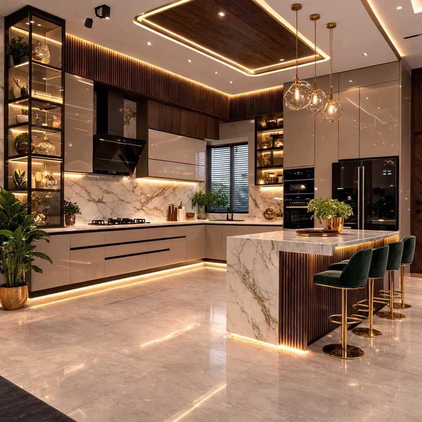 Ultra luxury modern kitchen interior with marble island, glossy cabinets, warm LED lighting, pendant lights, wooden ceiling design, and elegant contemporary décor.