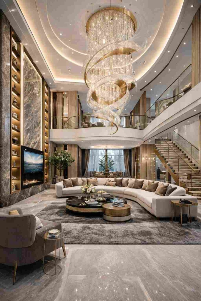 Ultra luxury double height living room with spiral crystal chandelier, marble walls, curved sofa, staircase, and modern villa interior design.