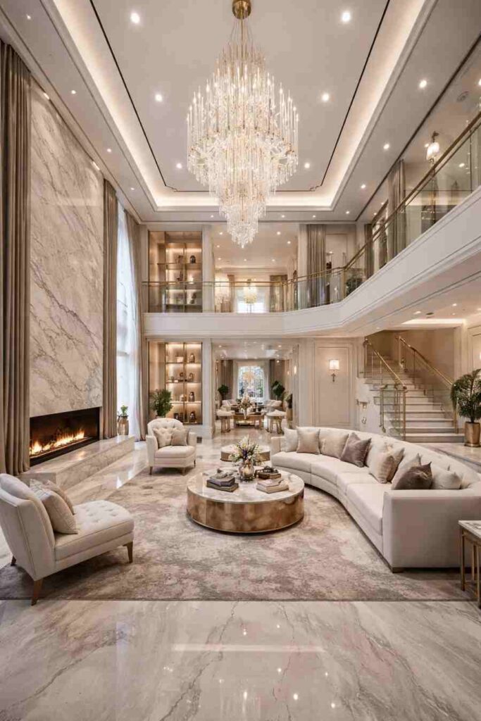 Modern luxury double height living room interior with crystal chandelier, marble wall fireplace, glossy flooring, curved white sofa, elegant staircase, and premium ambient lighting.