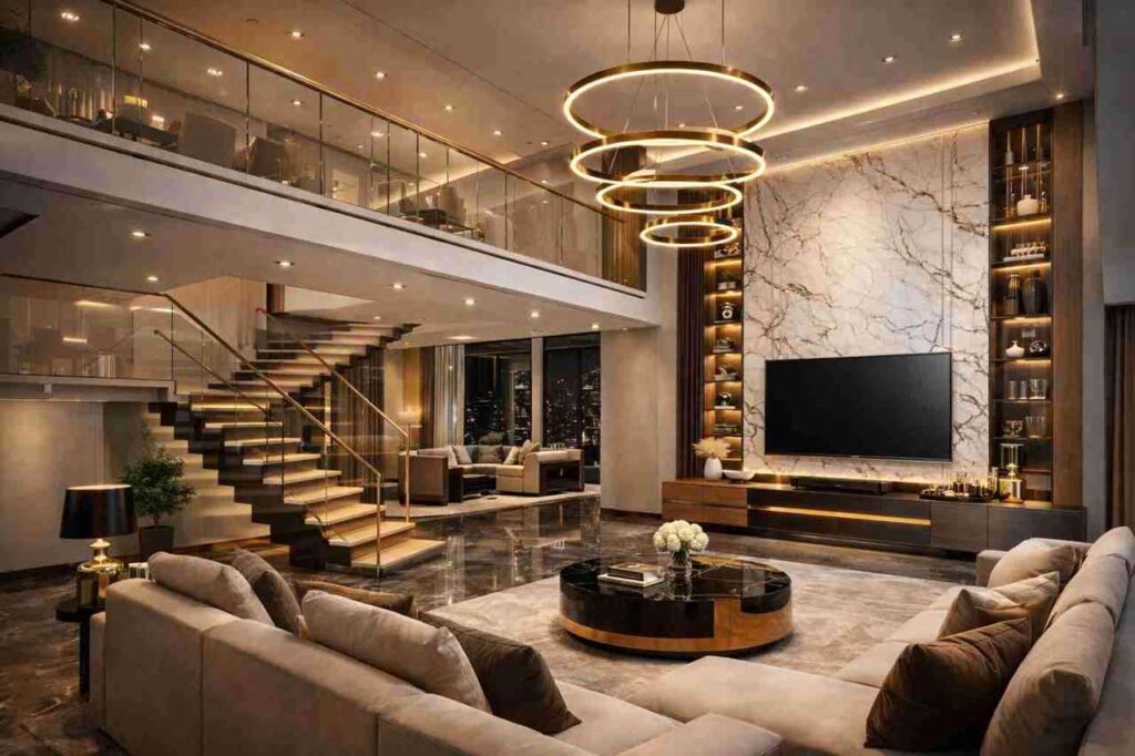 Ultra luxury modern double-height living room interior with marble TV wall, floating staircase, warm lighting, premium sofa set, and elegant contemporary décor.