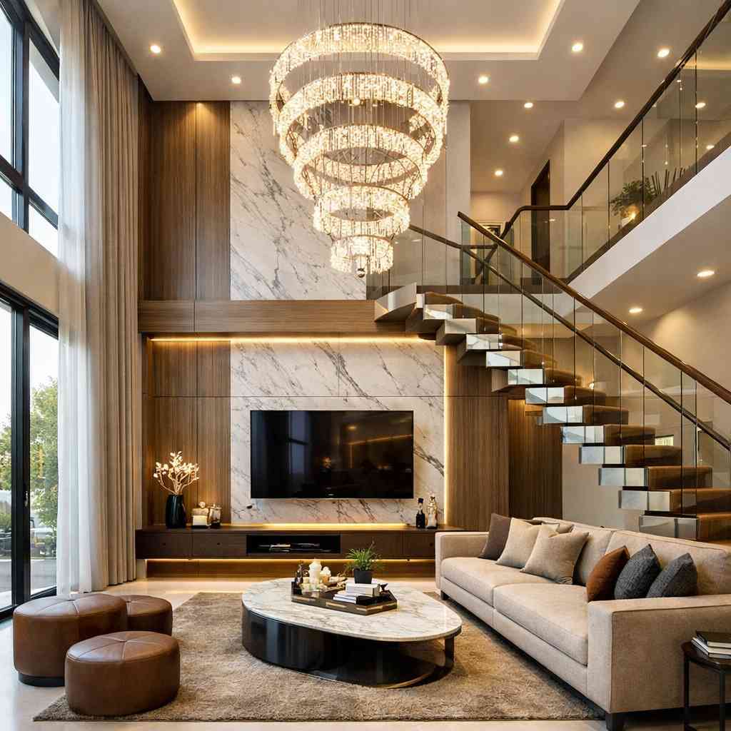 Modern luxury double-height living room interior with floating staircase, crystal chandelier, marble TV wall panel, warm lighting, and premium contemporary furniture design.