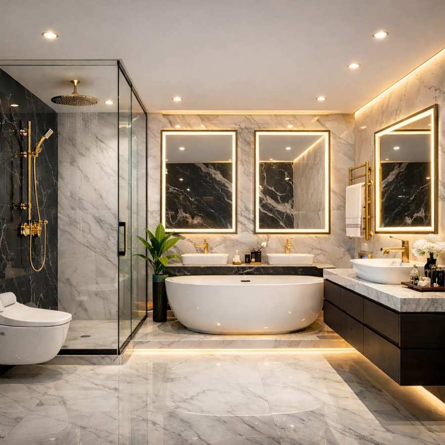 Luxury modern marble bathroom interior with gold fixtures, glass shower cabin, floating vanity, LED mirror lighting, and elegant bathtub design.