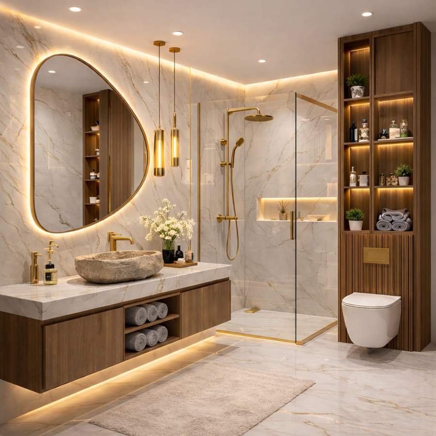 Elegant luxury bathroom interior with marble walls, wooden vanity, illuminated modern mirror, frameless glass shower, gold fixtures, and warm ambient lighting.
