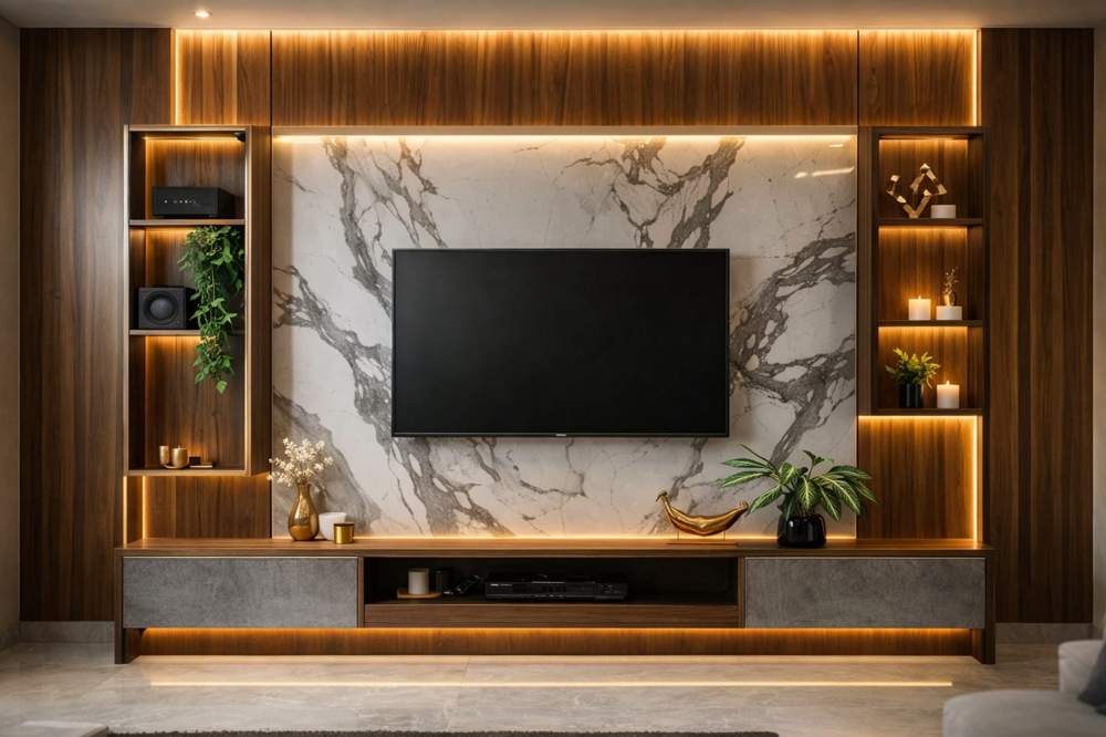 Luxury wooden TV wall panel design with marble backdrop, warm LED lighting, decorative shelves, modern entertainment unit, and elegant contemporary living room décor.