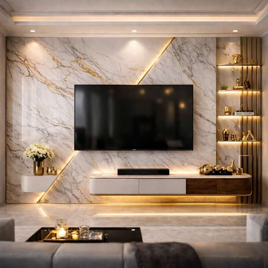 Modern luxury marble TV wall unit with floating cabinet, warm LED lighting, decorative shelves, gold accents, and elegant contemporary living room interior design.