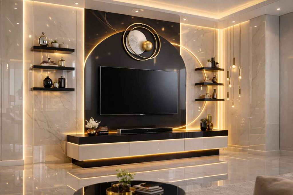 Modern luxury black TV wall panel with marble finish, warm LED lighting, floating cabinet, decorative shelves, and elegant contemporary living room design.