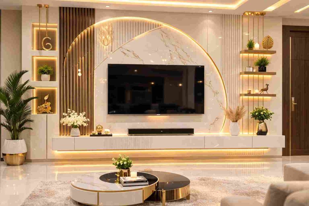 Modern luxury TV wall design with marble texture, warm LED lighting, floating shelves, wooden panels, stylish decor, and elegant contemporary living room interior.