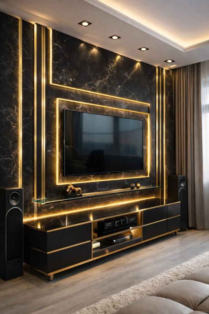 Modern luxury TV wall panel with black marble texture, golden LED lighting, floating entertainment unit, and stylish contemporary living room interior.