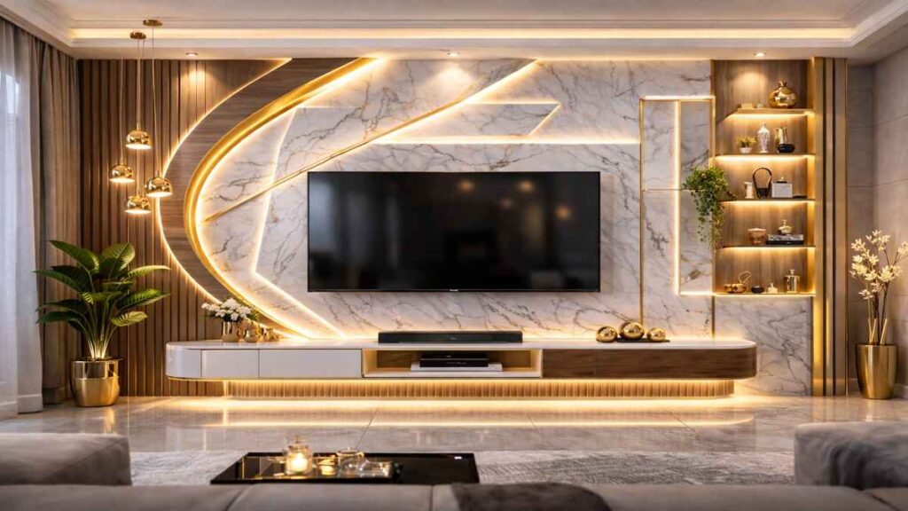 Modern luxury marble TV wall unit with floating cabinet, warm LED strip lighting, decorative shelves, wooden paneling, and elegant contemporary living room interior design.