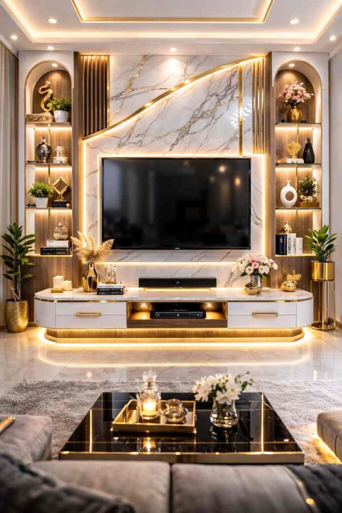 Elegant white marble luxury TV panel with warm LED lighting, floating console unit, decorative shelves, and modern contemporary living room interior.