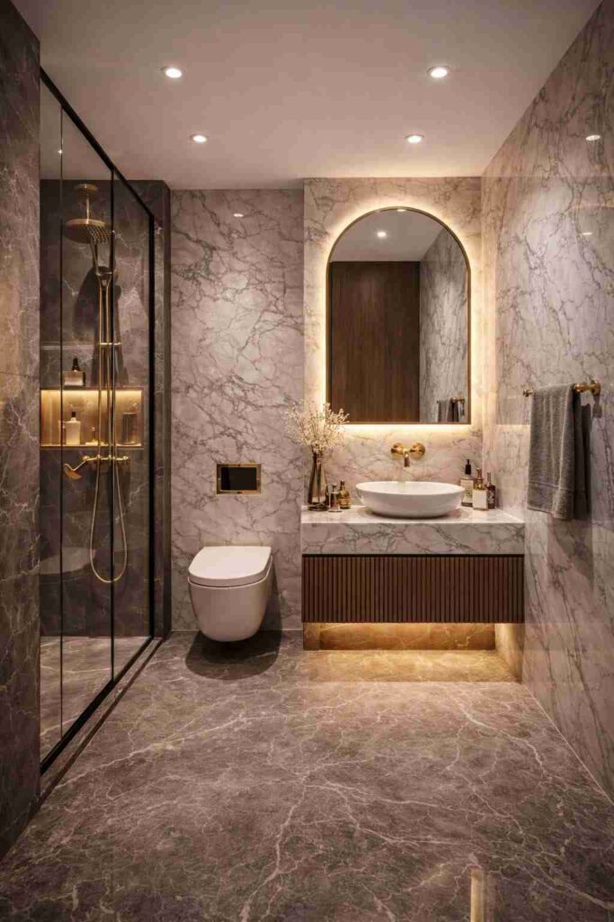 Luxury marble bathroom interior with gold fixtures, arch LED mirror, glass shower enclosure, floating vanity, and elegant modern decor.