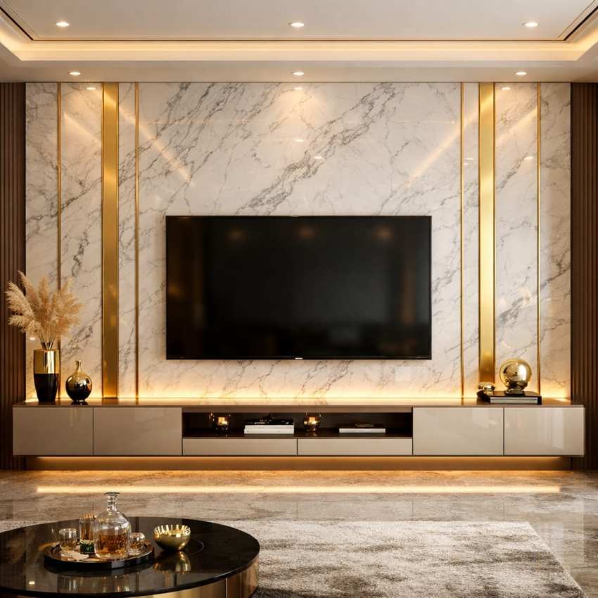 Luxury marble TV wall panel design with golden accents, warm LED lighting, floating entertainment unit, modern décor, and elegant contemporary living room interior.