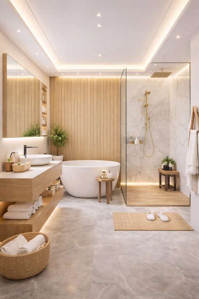 Minimal luxury bathroom interior with wooden vanity, freestanding bathtub, marble shower area, frameless glass partition, and warm ambient lighting.